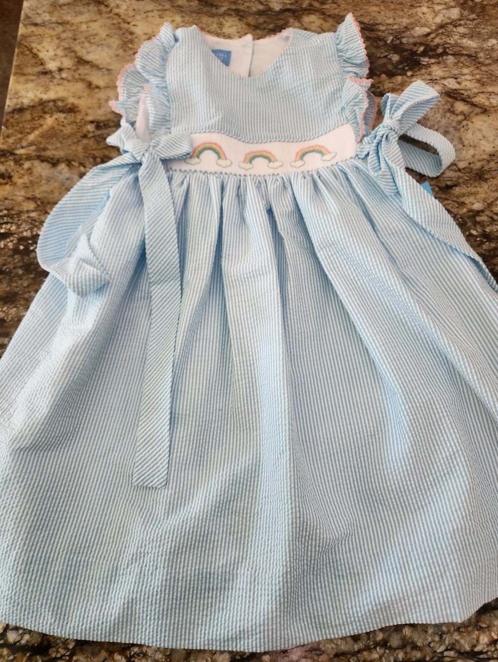 Light Blue Smocked Rainbow Seersucker Kids Dress
